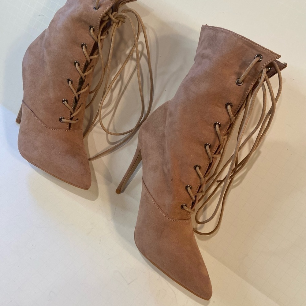 Public Desire~Pink Faux Suede Lace-Up Stiletto Ankle Boot~Pointed Toe~Size US-6 - Picture 5 of 16